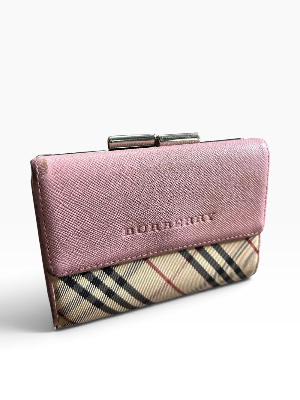 Authentic Burberry House Check Luna French Clasp Wallet Pink Saffiano Fiocchi